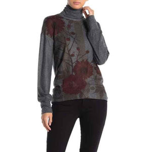 Go Couture Hacci Turtleneck Sweater Top XL Charcoal Floral Branches NEW Tag B65